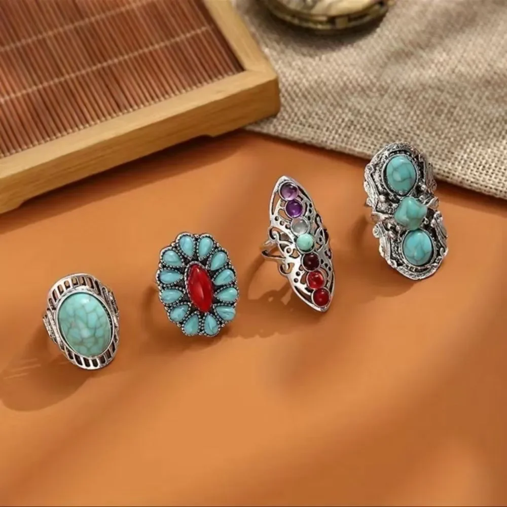 4-piece turquoise chakra bohemian ring